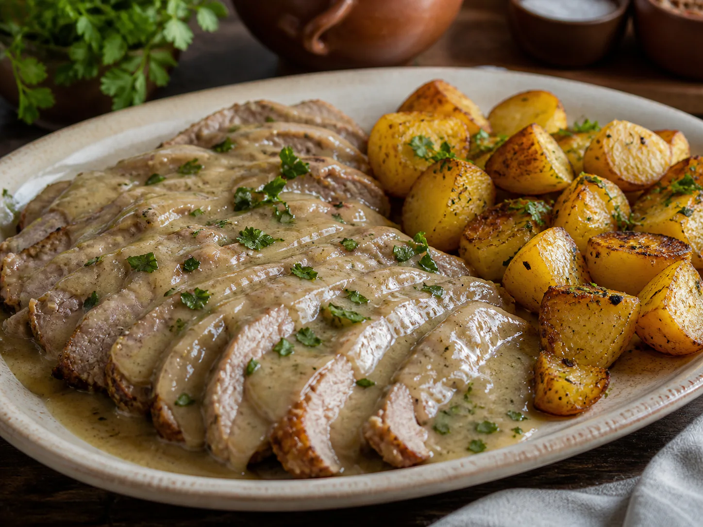 Veal roast beef with white wine sauce and roasted potatoes