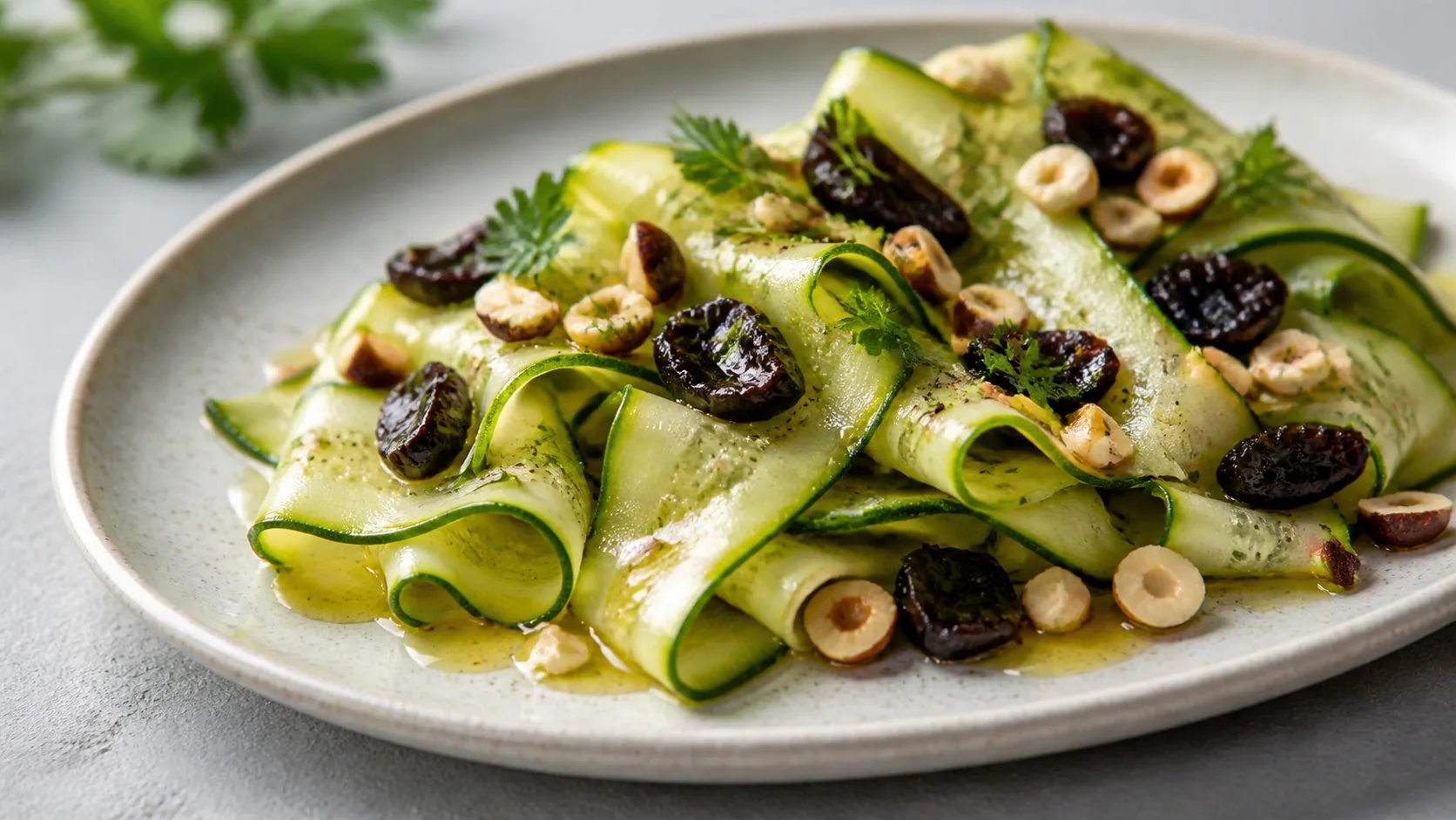 Carpaccio de calabacín con ajo negro y avellanas