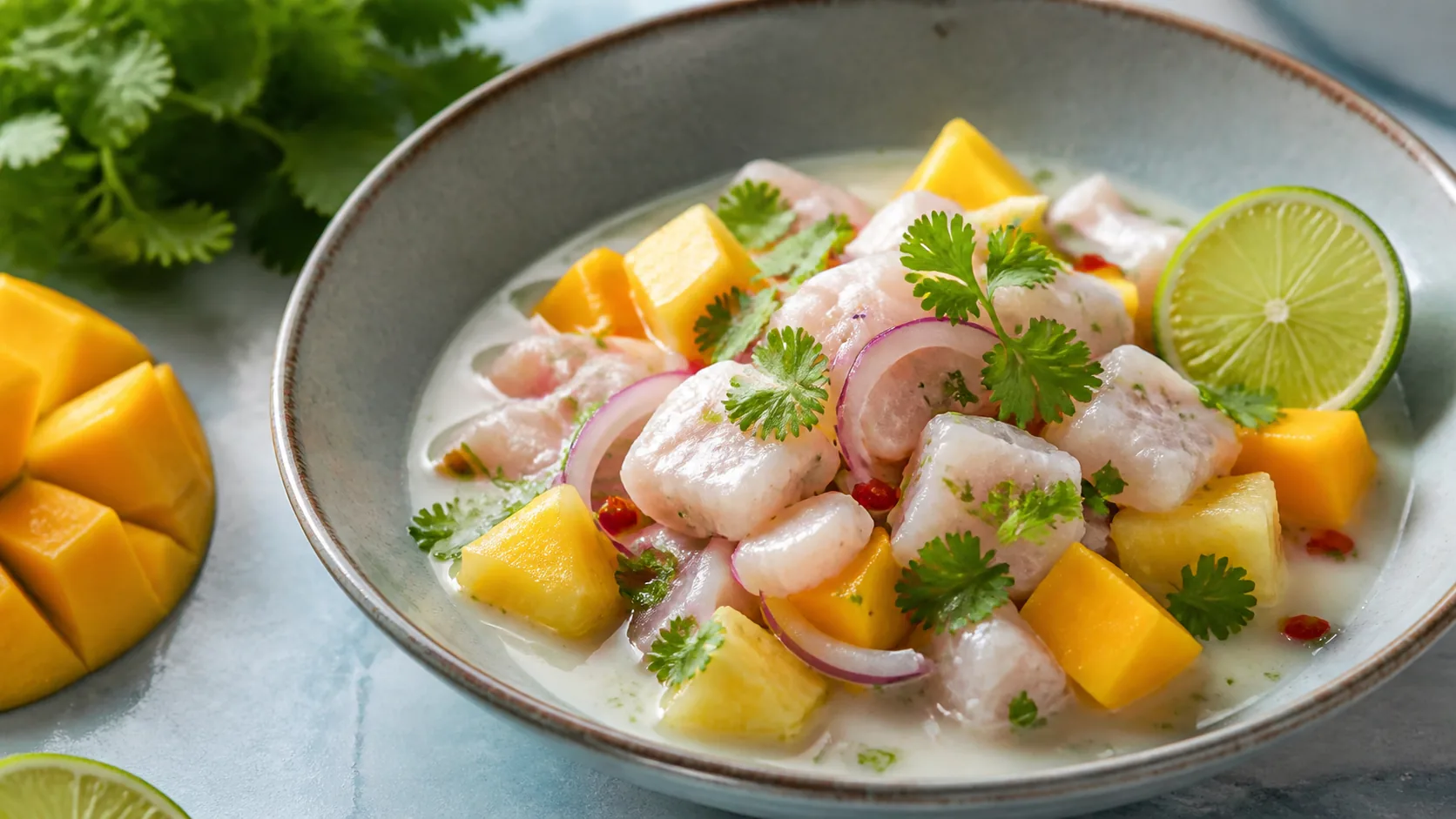 Ceviche de lubina con mango, piña y cilantro