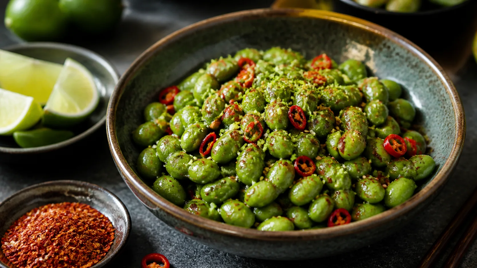 Edamame sauté au piment et au zeste de citron vert