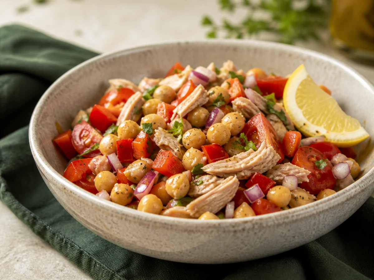 Ensalada de garbanzos, tomate, atún y pimiento
