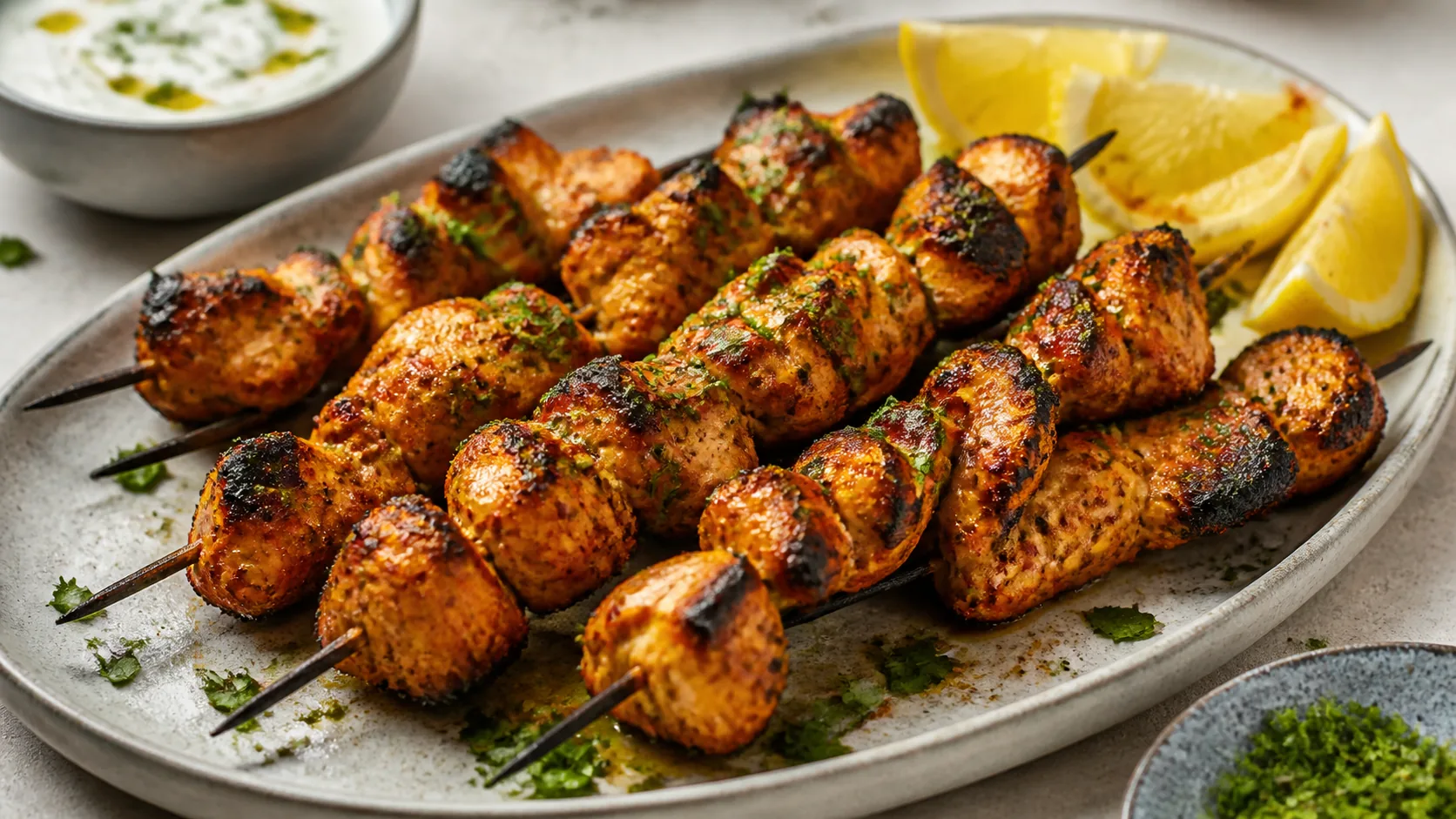 Brochettes de poulet au yaourt, citron et harissa à l’airfryer