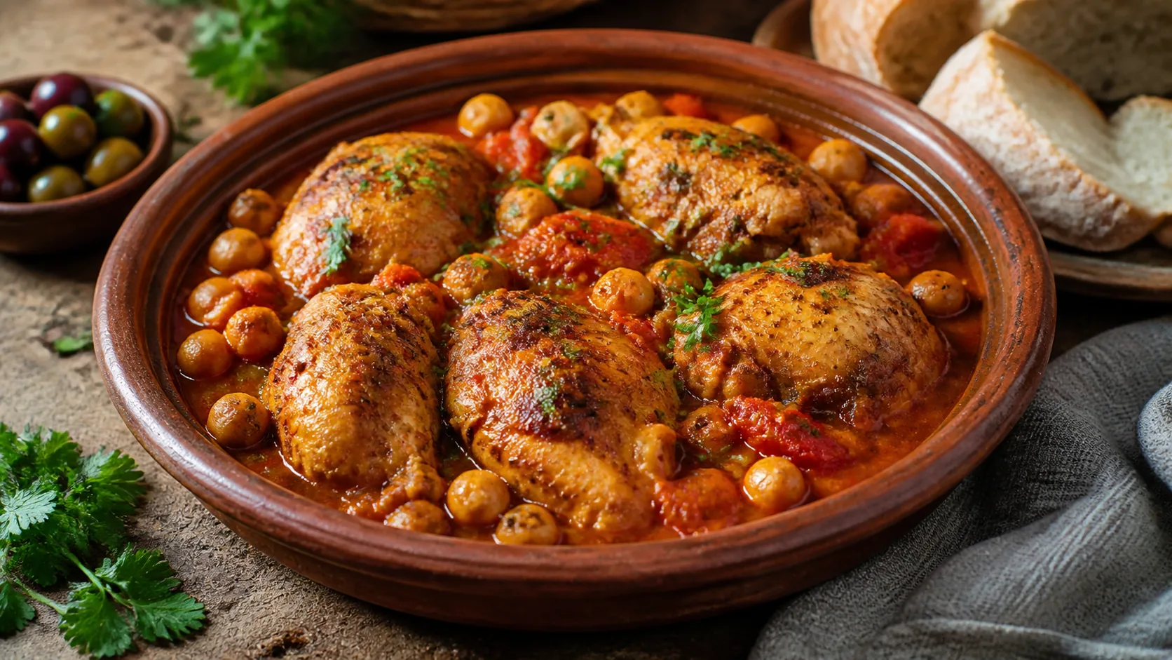 Poulet mijoté aux pois chiches et à la tomate