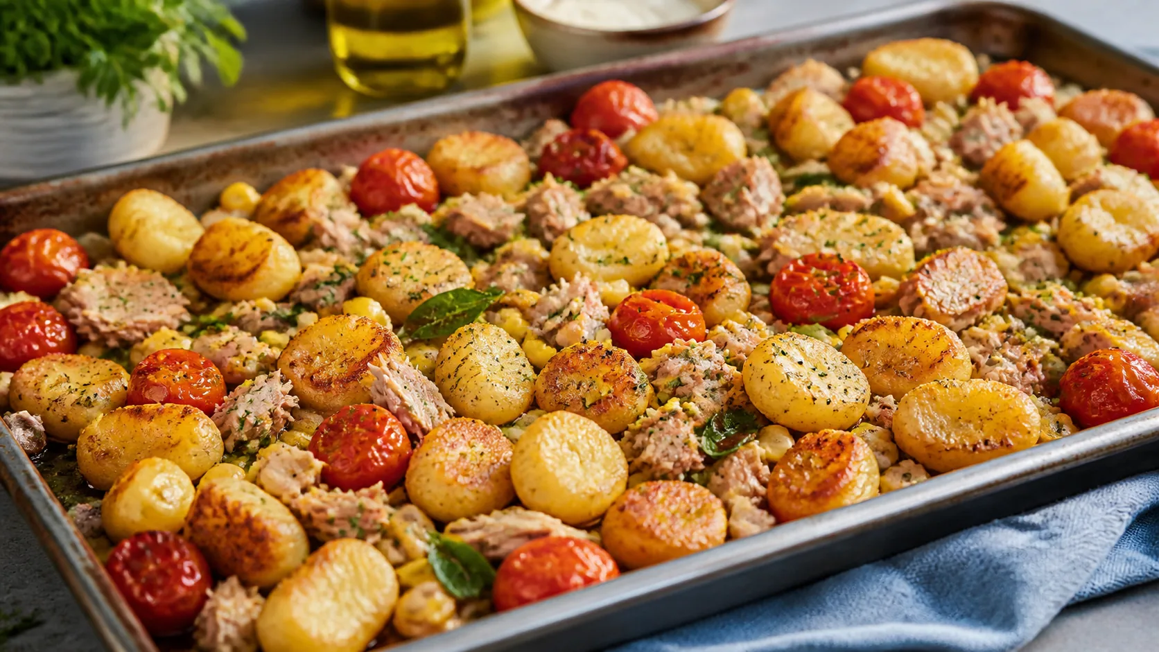 Gnocchis croustillants à l’airfryer, tomate, maïs et thon
