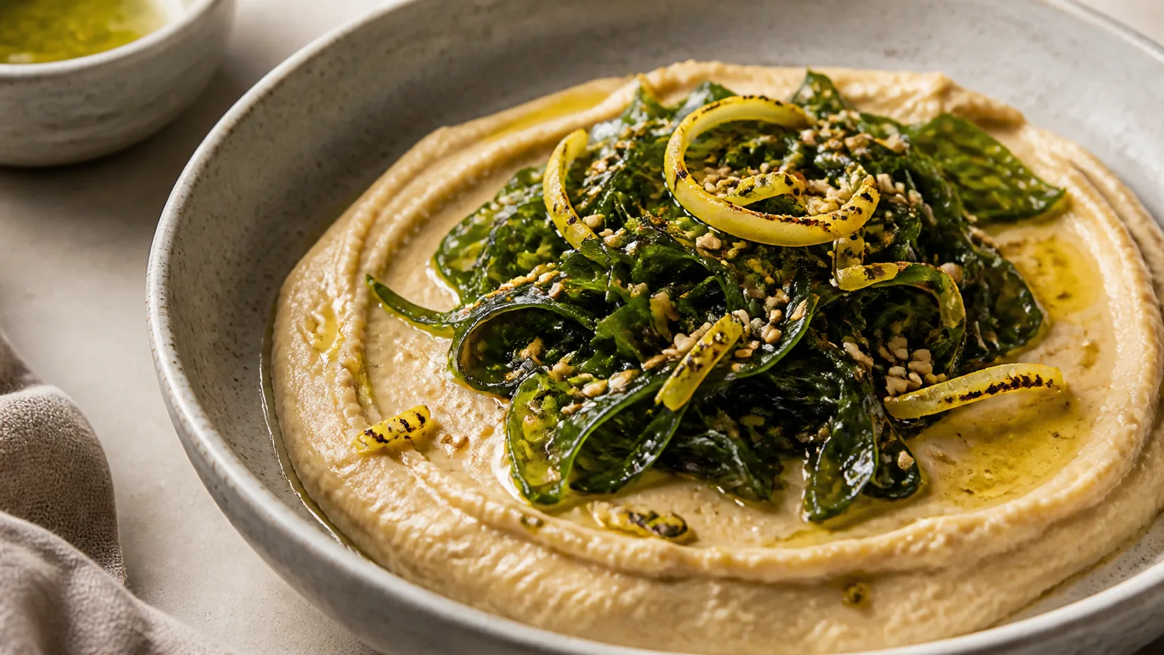 Houmous de pois chiches, wakamé et citron fumé