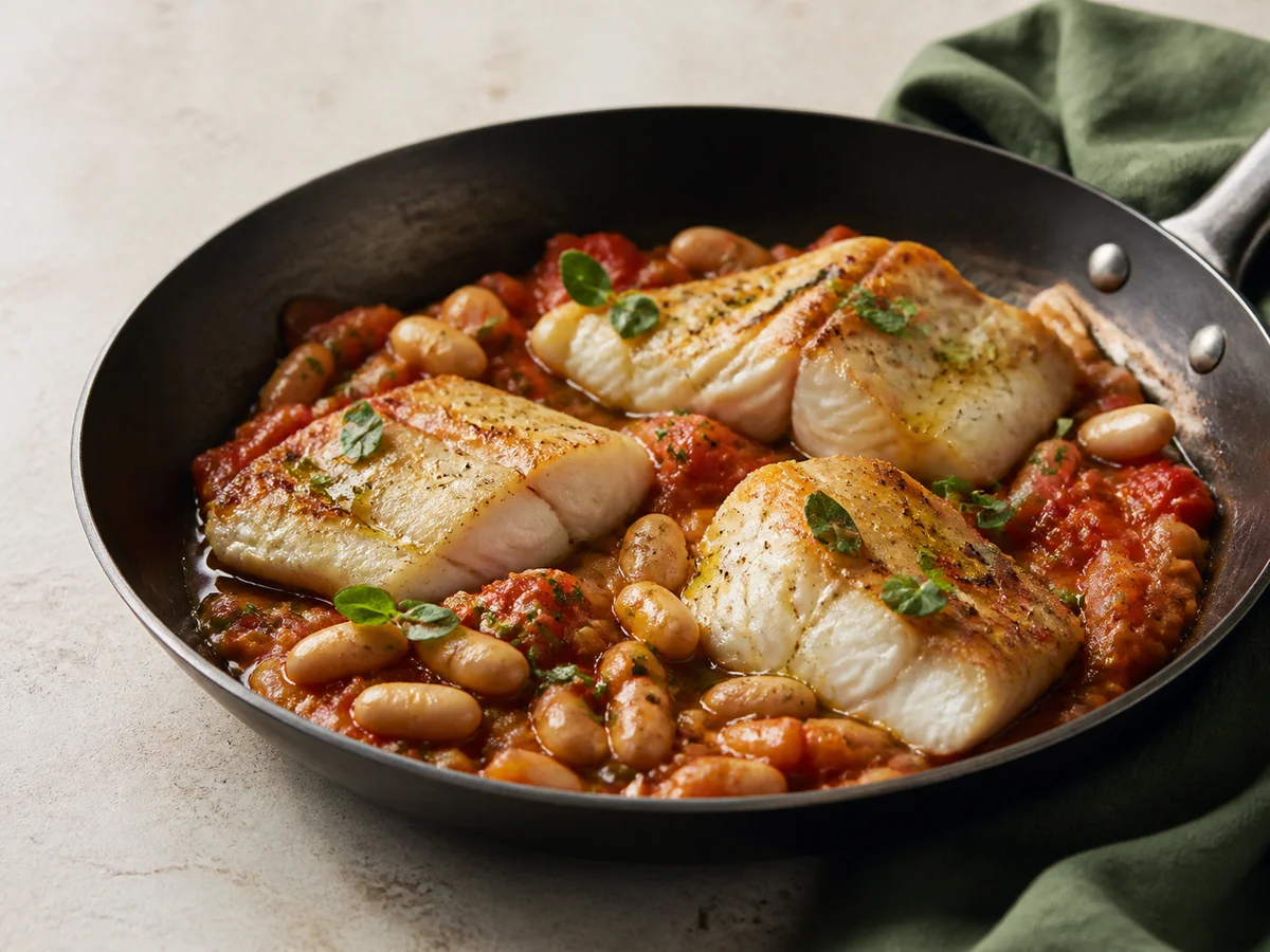 One-Pan Tomato Cod with White Beans