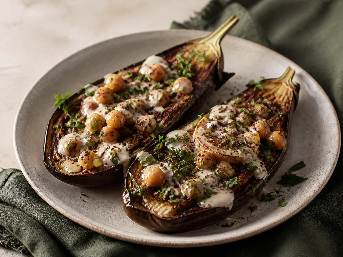 Roasted Aubergine with Tahini, Chickpeas and Herbs