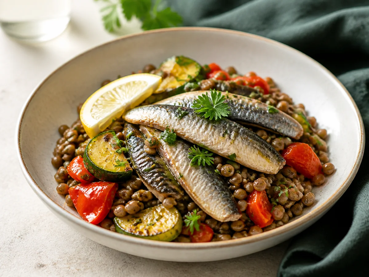 Salade tiède de lentilles, sardines et légumes rôtis