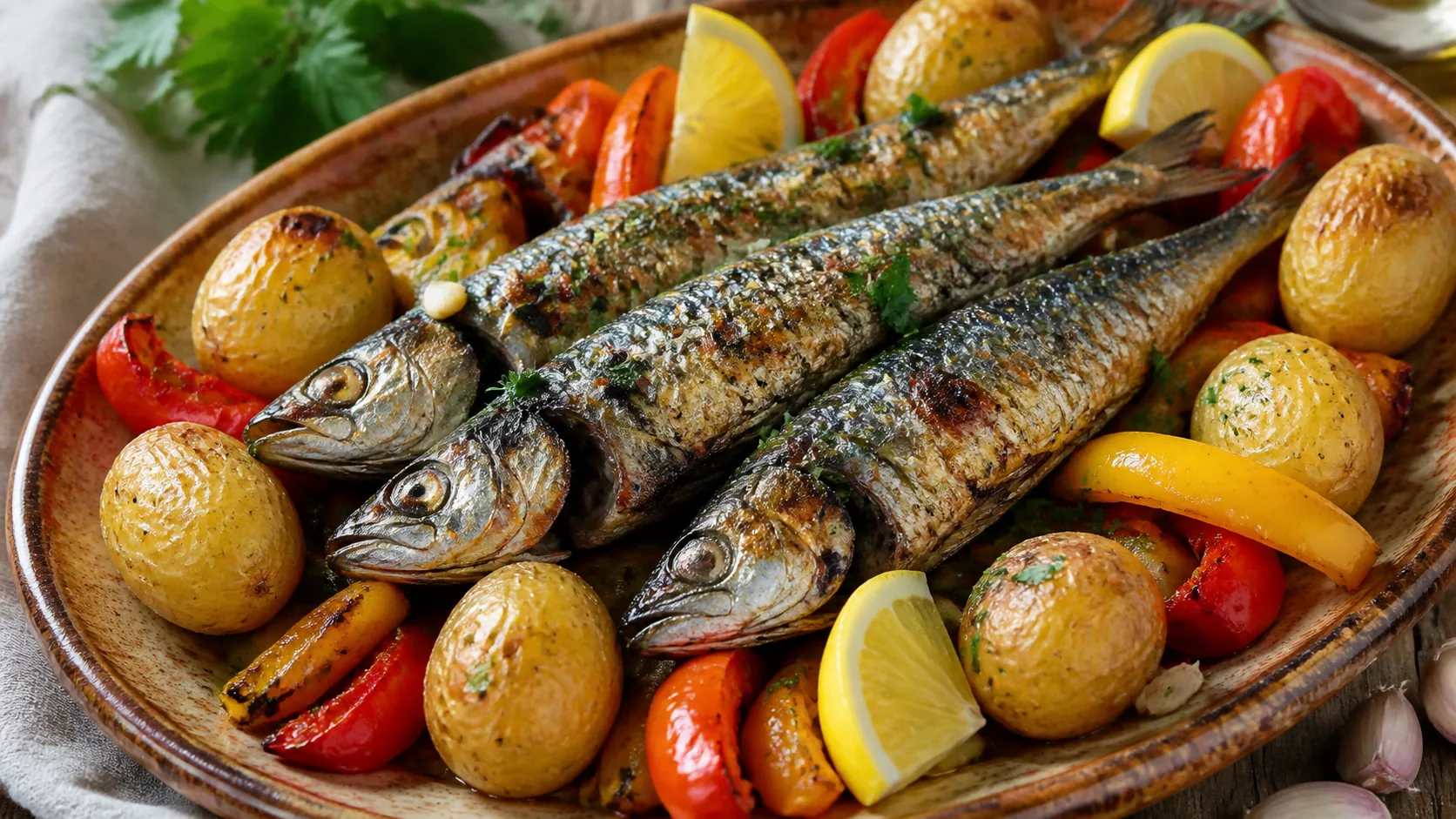 Sardines au four, pommes de terre et poivrons