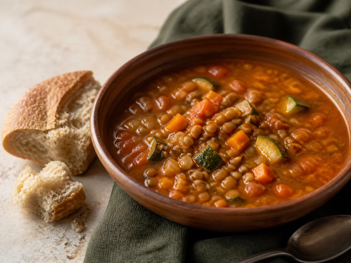 Sopa de lentejas con verduras de temporada