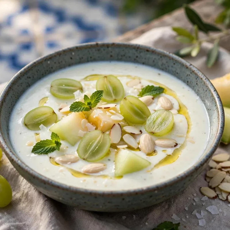 Gaspacho branco de amêndoa e melão com uvas