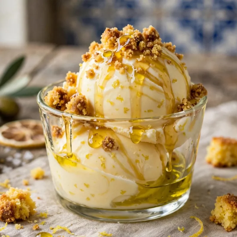 Gelado de azeite e limão com crumble de broa e mel