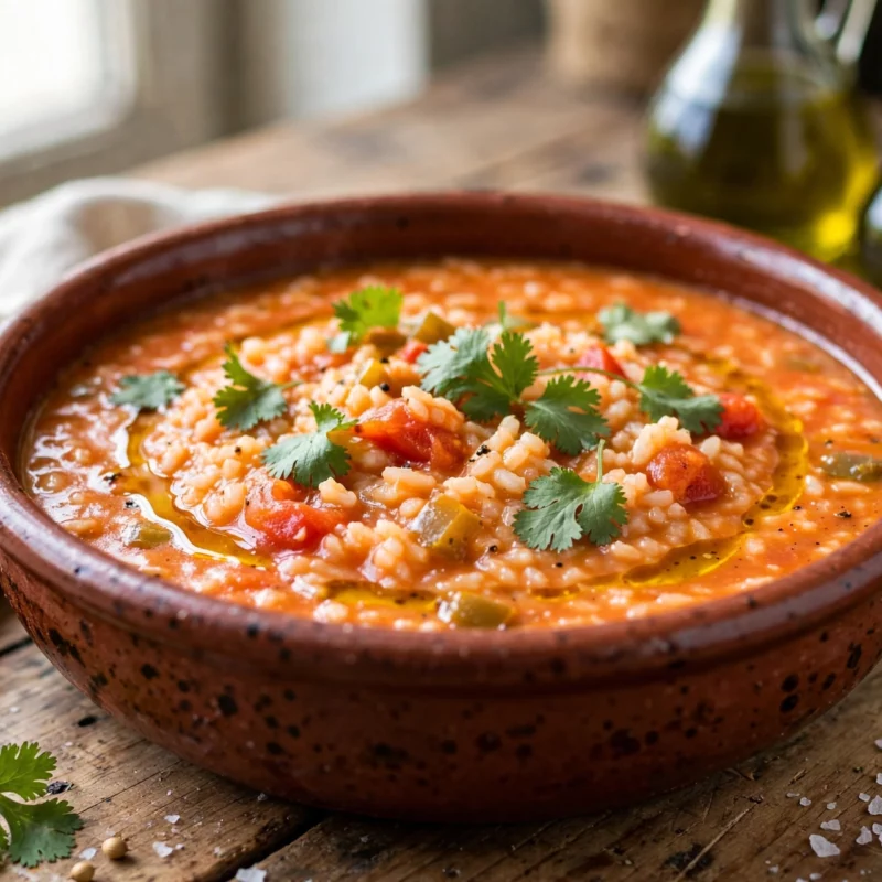 Arroz de tomate malandrinho com coentros frescos e um fio de azeite, numa tigela de barro