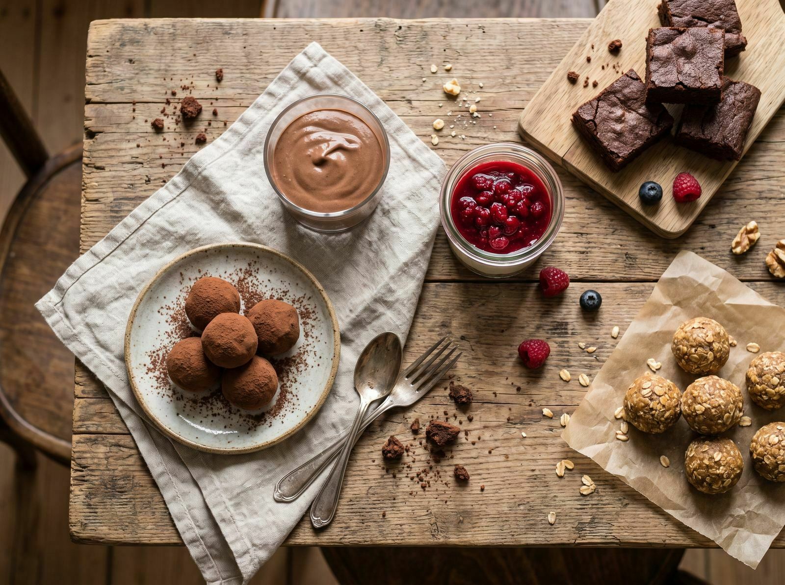 Mesa com cinco doces individuais de fruta, chocolate, aveia e iogurte