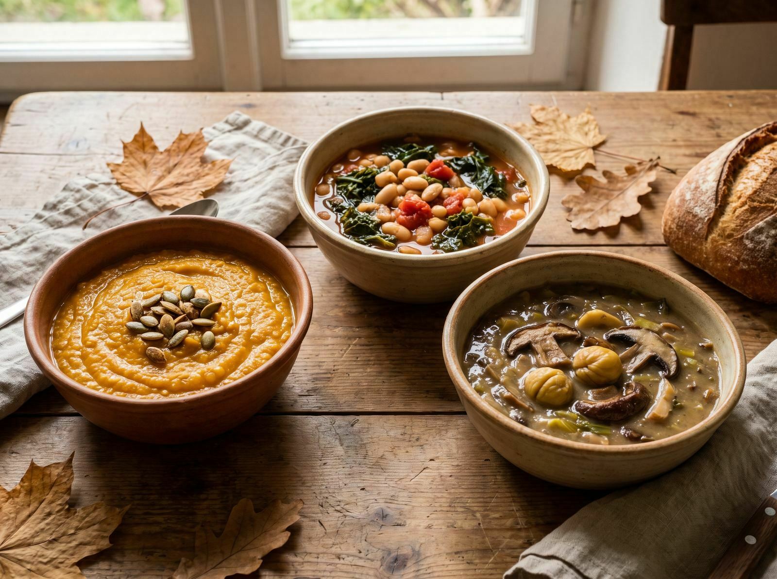 Três taças de sopa de outono com abóbora, lentilhas, feijão e cogumelos