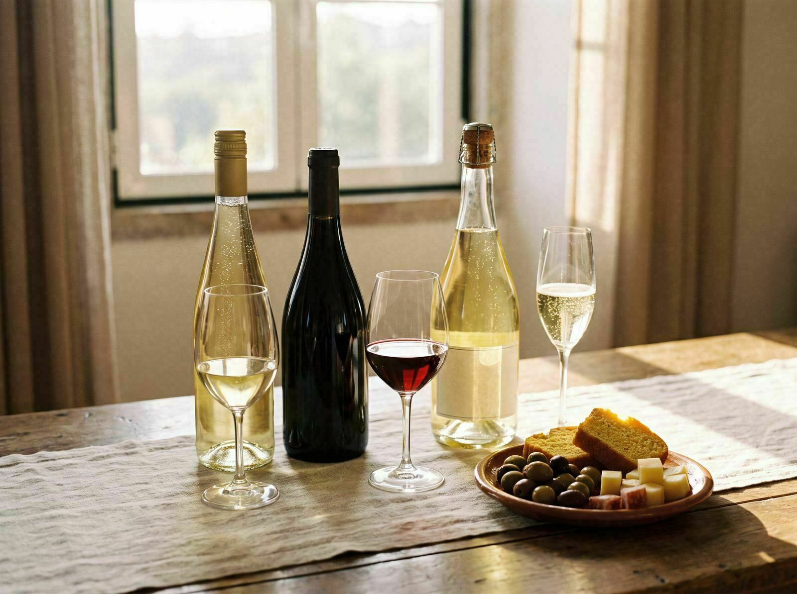 Três garrafas de vinho português branco, tinto e espumante com copos e petiscos