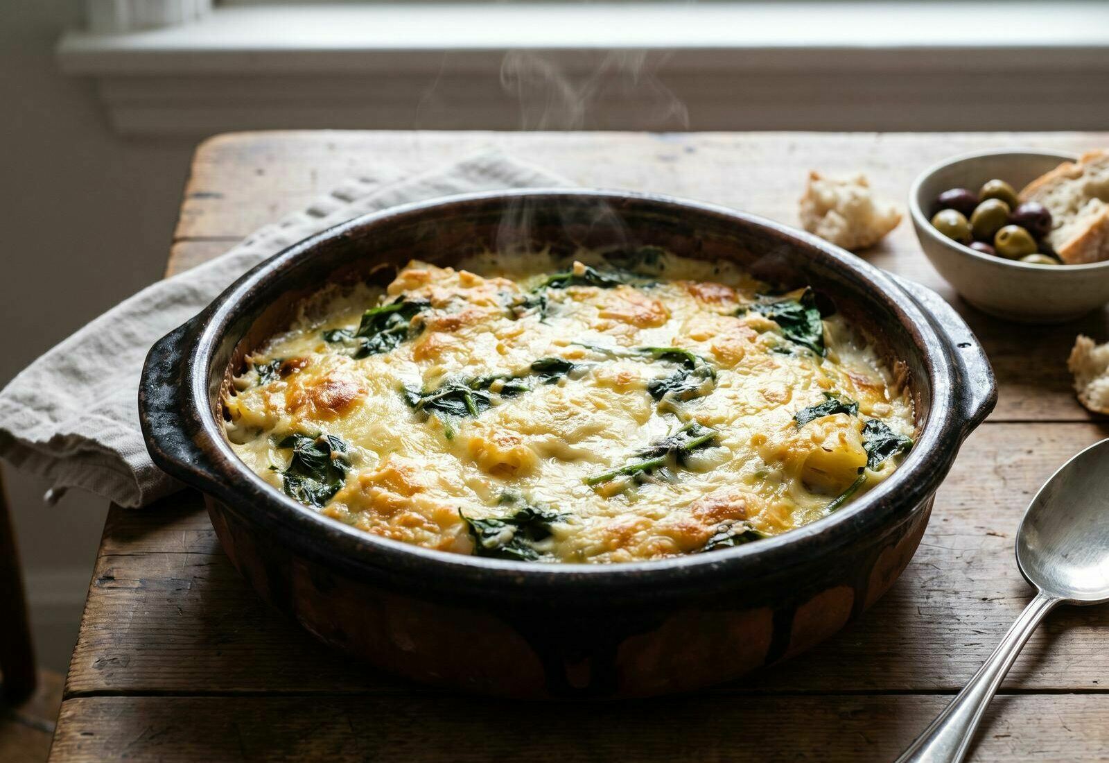 Bacalhau espiritual com espinafres gratinado, dourado no forno, servido numa travessa de barro