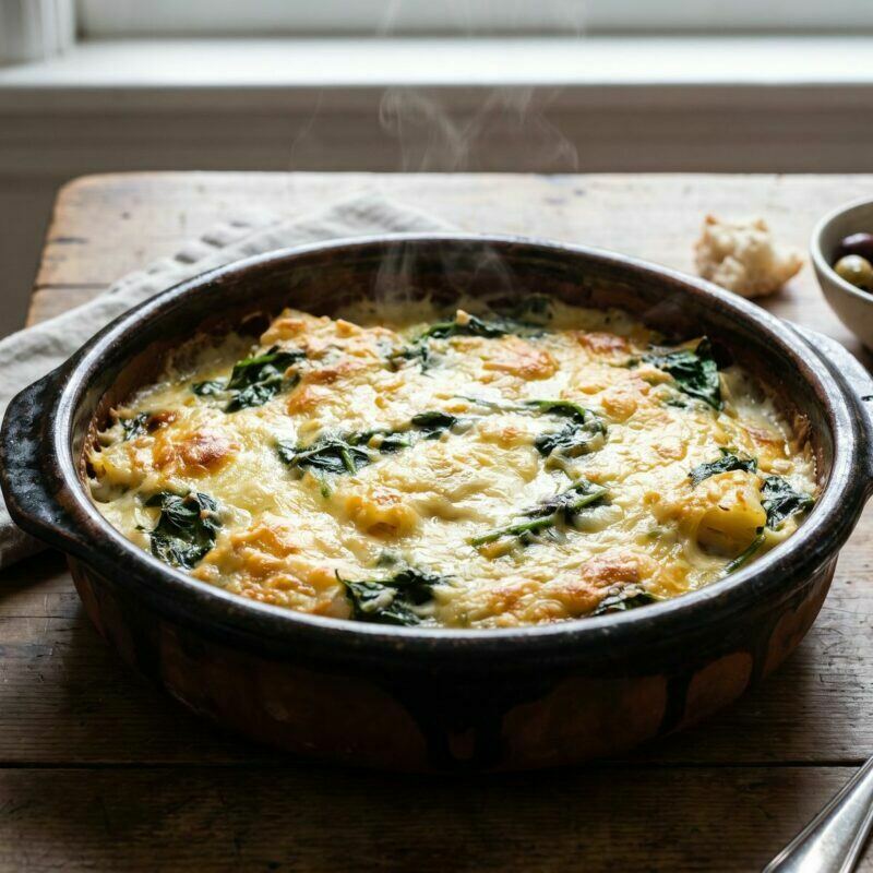 Bacalhau espiritual com espinafres gratinado, dourado no forno, servido numa travessa de barro