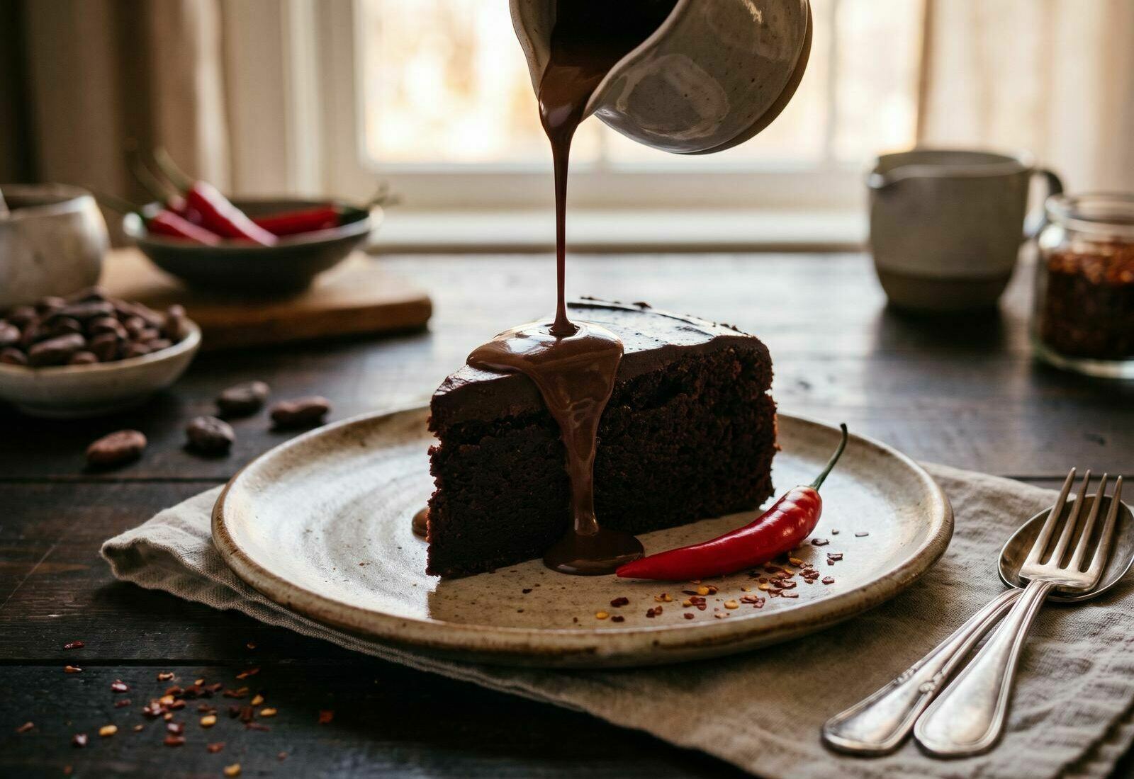 Fatia de bolo de chocolate com calda quente a ser regada e uma malagueta vermelha ao lado