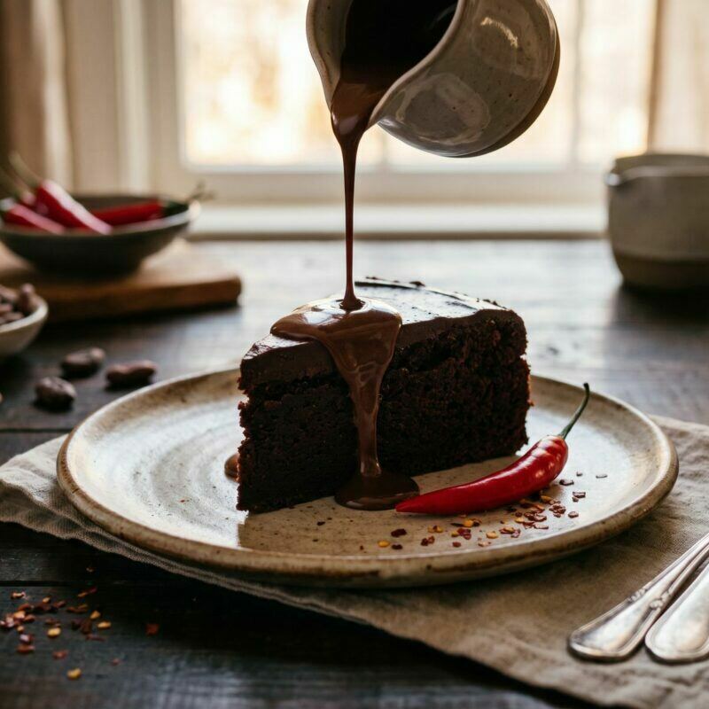 Fatia de bolo de chocolate com calda quente a ser regada e uma malagueta vermelha ao lado
