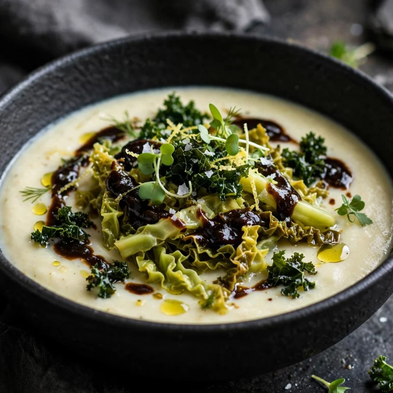 Caldo verde com couve fermentada, garum vegetal e broa de milho crocante numa tigela escura