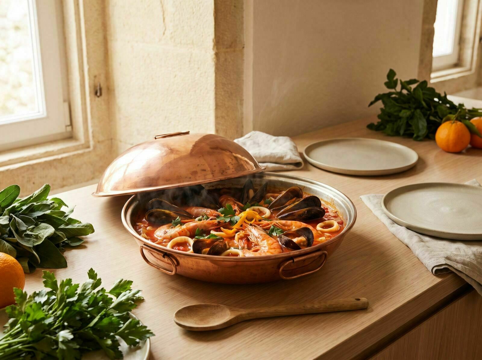 Cataplana de marisco aberta com camarão, mexilhão e lulas em molho de tomate