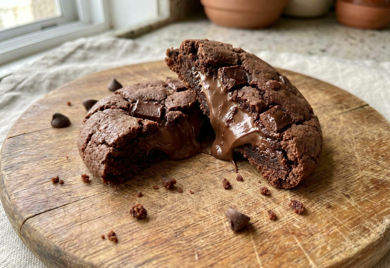 Cookie de chocolate recheado de brigadeiro, aberto ao meio, com o recheio cremoso a escorrer sobre uma tábua de madeira