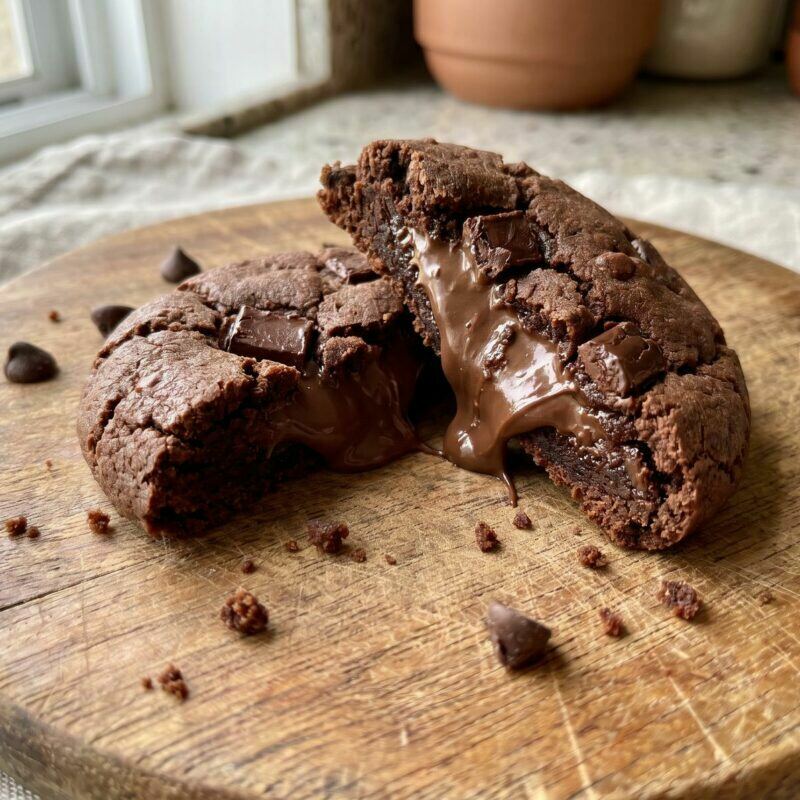 Cookie de chocolate recheado de brigadeiro, aberto ao meio, com o recheio cremoso a escorrer sobre uma tábua de madeira