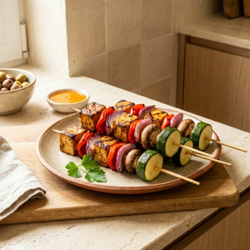 Espetadas de tofu grelhado com pimento, cebola, cogumelos e courgette num prato