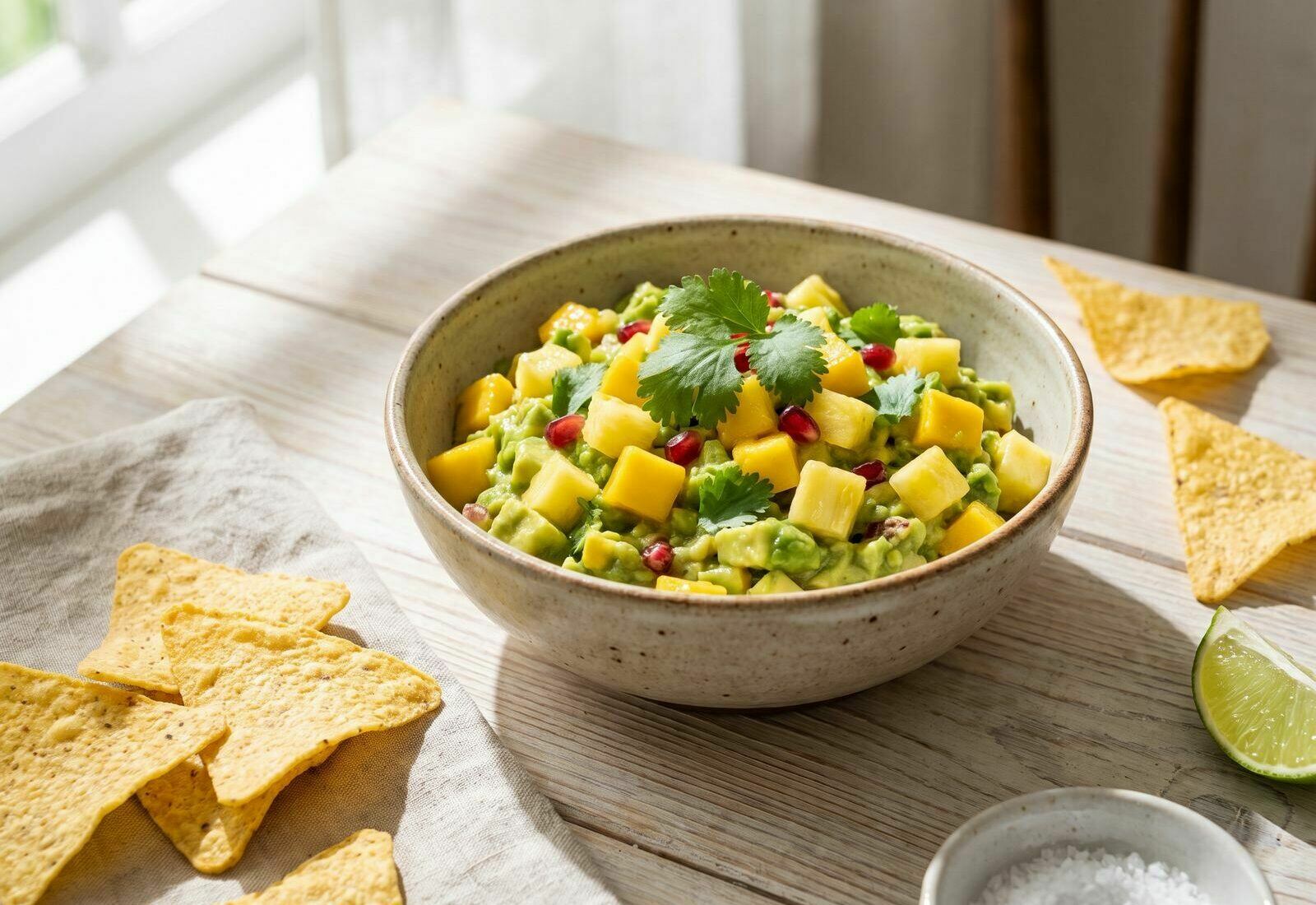 Taça de guacamole tropical com cubos de manga e ananás, coentros frescos e nachos de milho ao lado