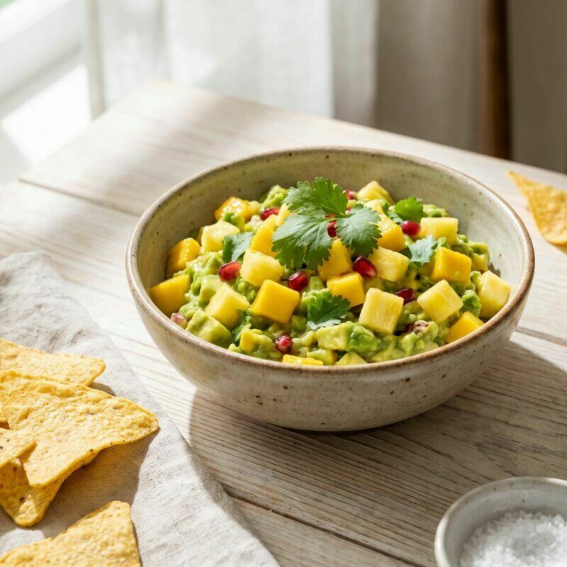 Taça de guacamole tropical com cubos de manga e ananás, coentros frescos e nachos de milho ao lado