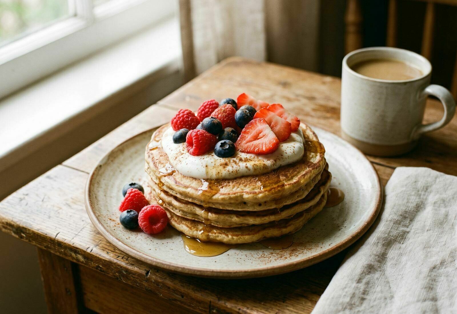 Pilha de panquecas de aveia e banana com iogurte natural, frutos vermelhos frescos e canela