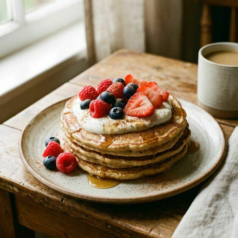 Pilha de panquecas de aveia e banana com iogurte natural, frutos vermelhos frescos e canela