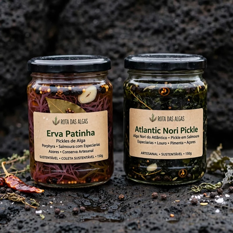 Frascos de pickle de algas dos Açores, erva patinha e nori, sobre rocha vulcânica