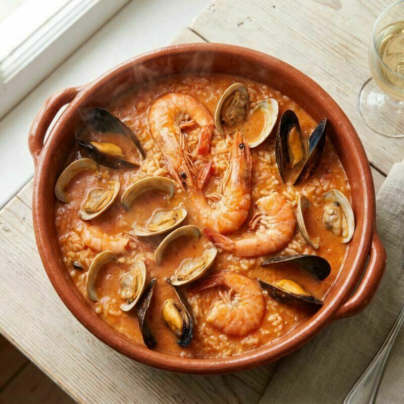 Arroz de marisco servido numa cataplana de cobre tradicional, com camarão, mexilhão e amêijoas