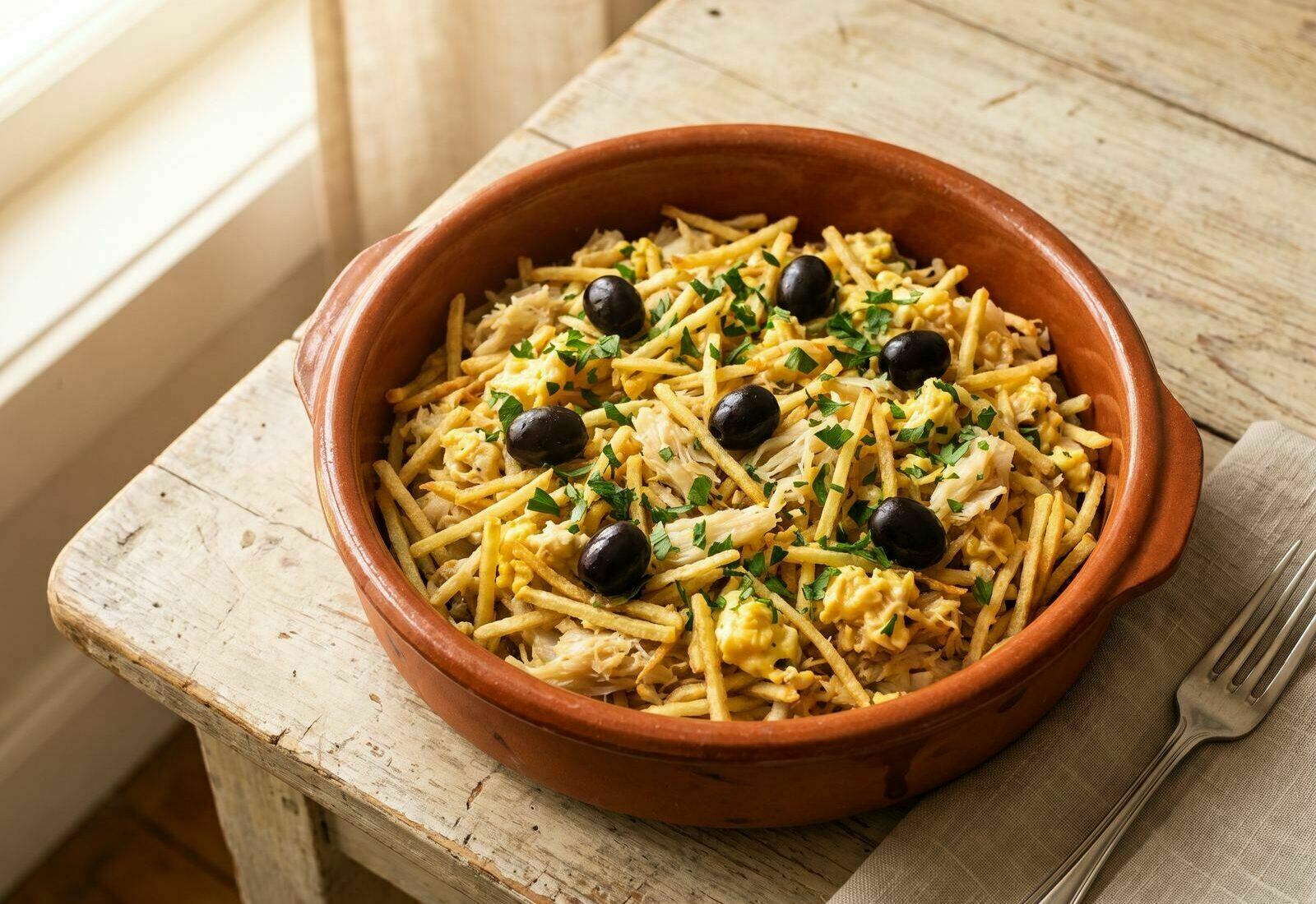 Bacalhau à Brás servido numa travessa de barro tradicional, com batata palha, ovo e azeitonas