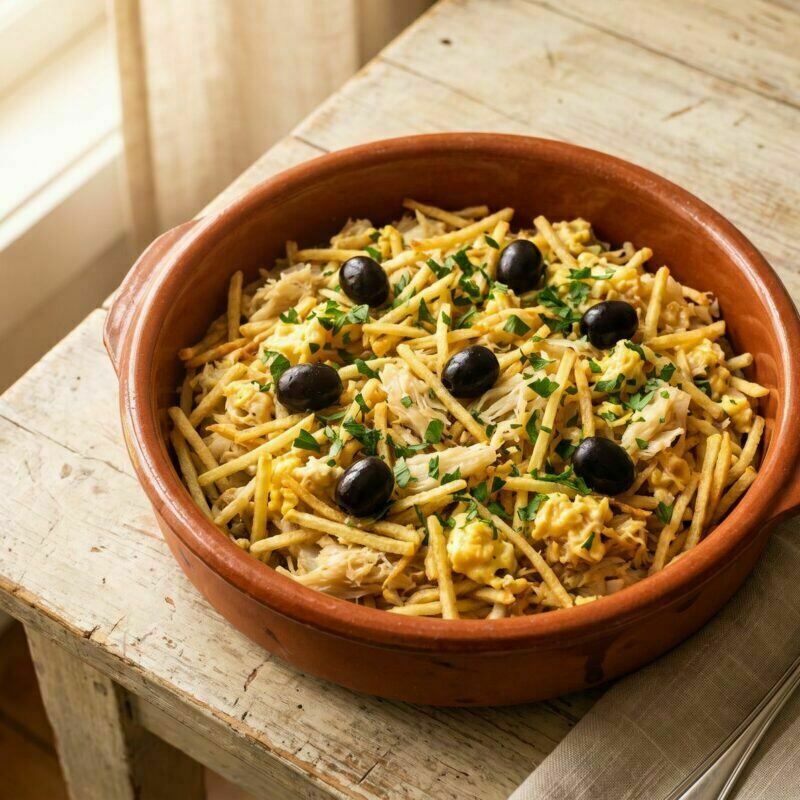 Bacalhau à Brás servido numa travessa de barro tradicional, com batata palha, ovo e azeitonas