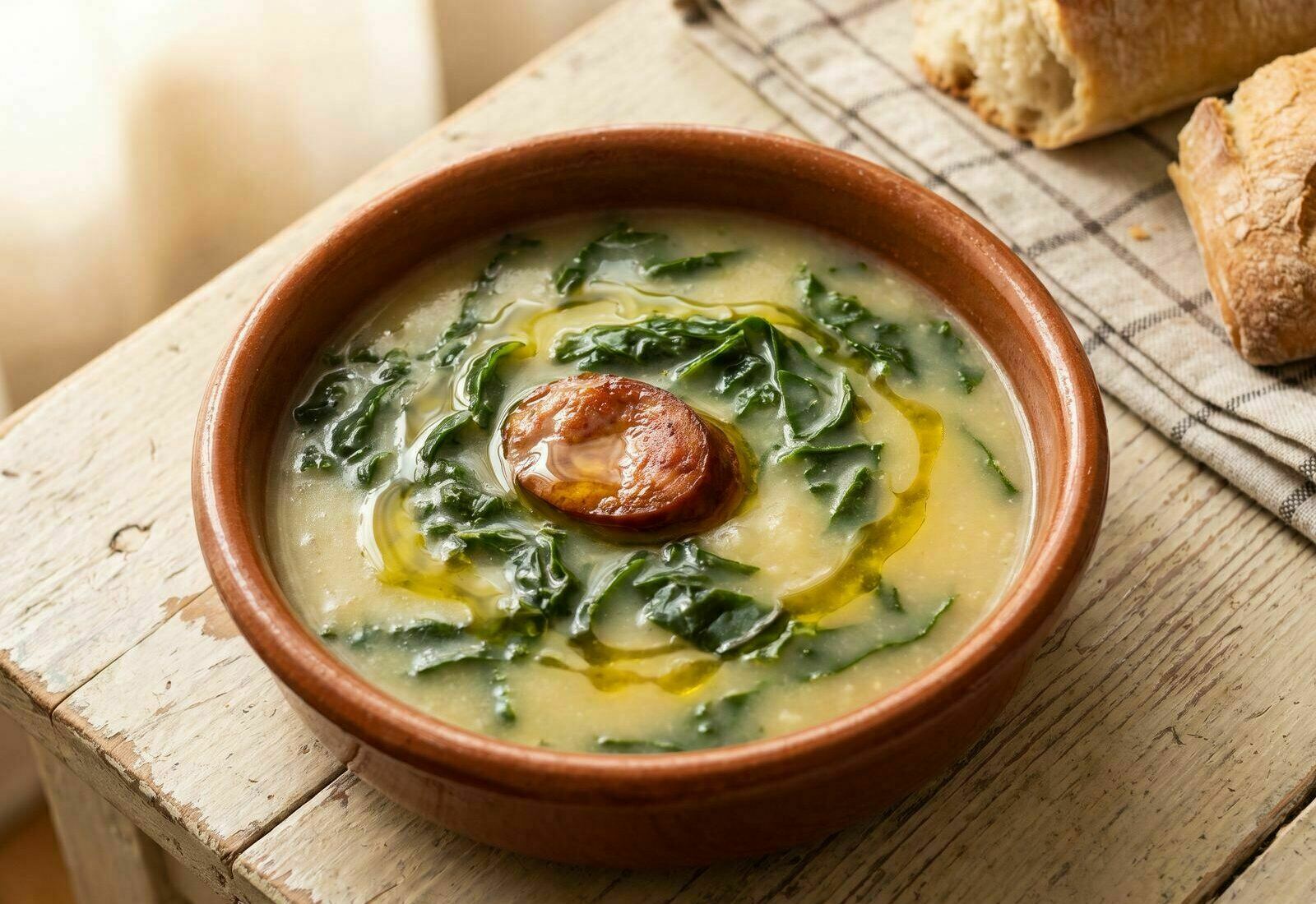 Caldo verde tradicional português numa tigela de barro, com fatia de chouriço e fio de azeite