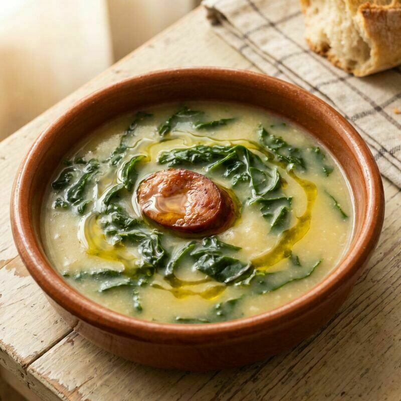 Caldo verde tradicional português numa tigela de barro, com fatia de chouriço e fio de azeite