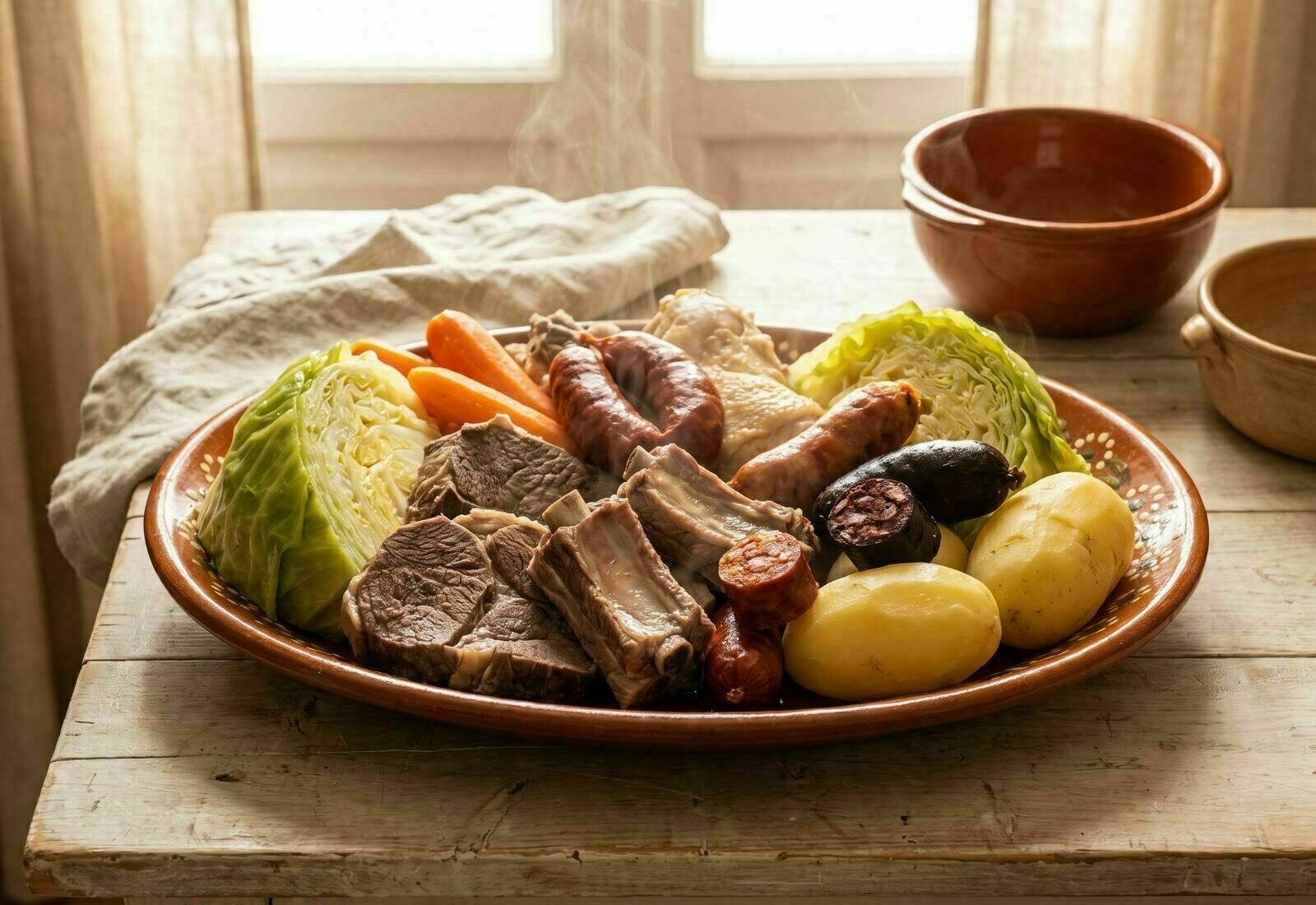 Cozido à portuguesa servido numa travessa, com enchidos, couve, cenoura e grão-de-bico