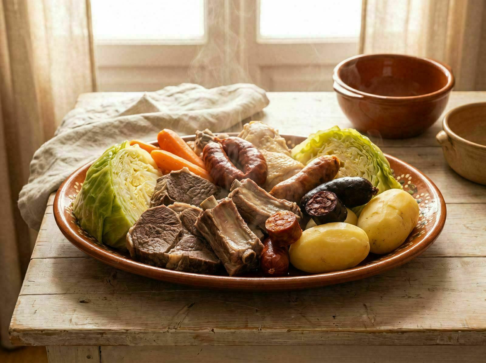 Cozido à portuguesa servido numa travessa, com enchidos, couve, cenoura e grão-de-bico