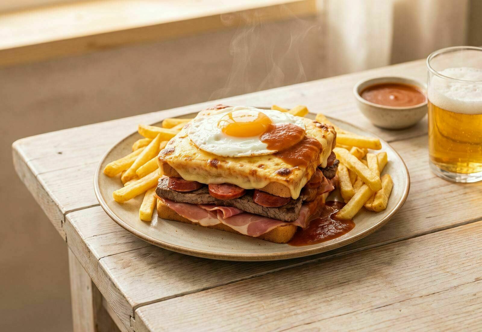 Francesinha do Porto com queijo derretido, ovo estrelado e batatas fritas, coberta com molho picante