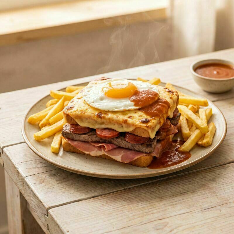 Francesinha do Porto com queijo derretido, ovo estrelado e batatas fritas, coberta com molho picante