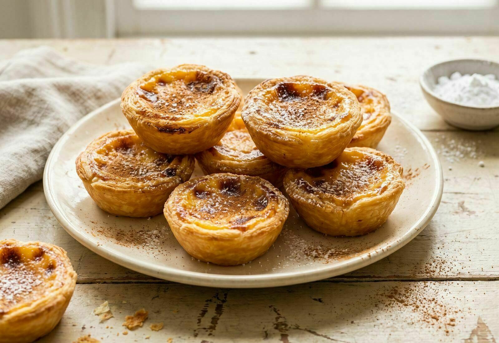 Pastéis de nata com massa folhada dourada e topo caramelizado, polvilhados com canela