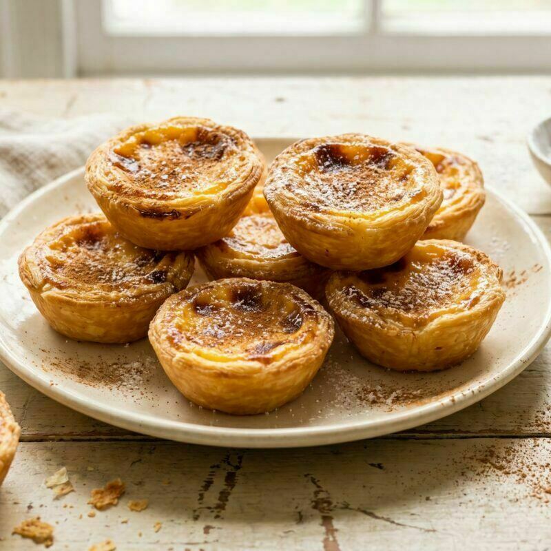 Pastéis de nata com massa folhada dourada e topo caramelizado, polvilhados com canela