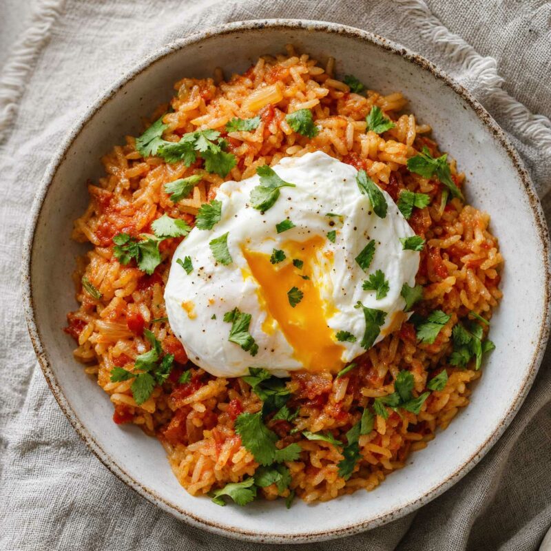 Arroz de tomate com um ovo escalfado e coentros frescos numa taça de barro