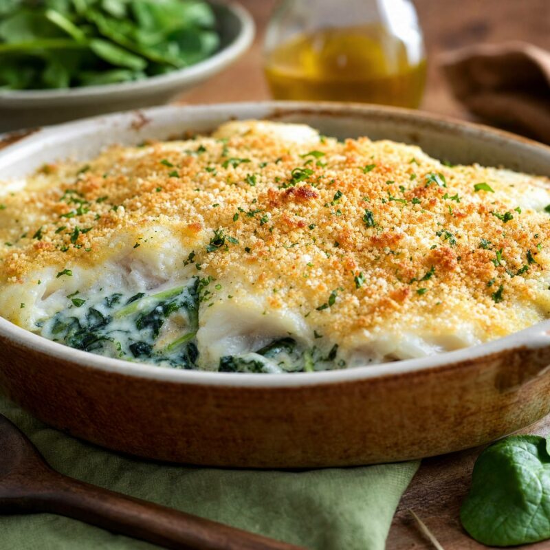 Bacalhau assado no forno com espinafres e um creme de iogurte natural