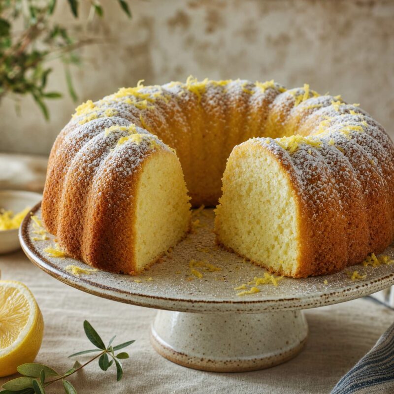 Bolo fofo de iogurte, limão e azeite, cortado em fatias