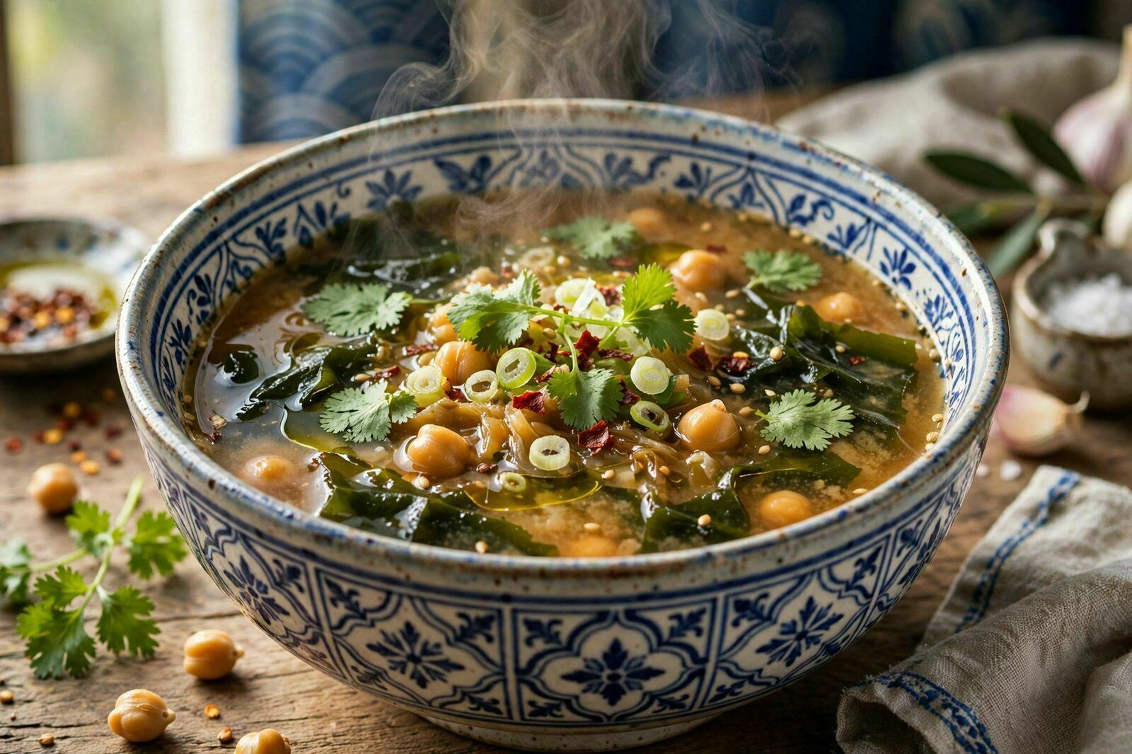 Caldo de Miso com Algas Wakame, Grão e Coentros