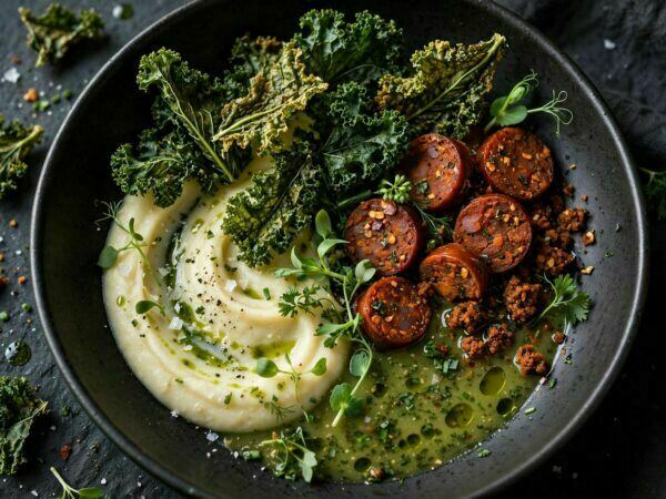 Caldo Verde Desconstruído com Kale Crocante e Chouriço Vegetal